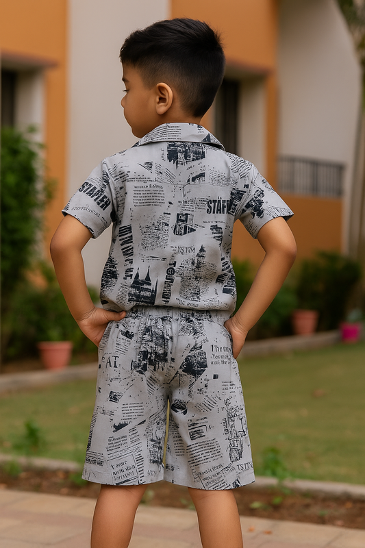 Boys' Newspaper Print Summer Co-Ord Set – Stylish Shirt & Shorts | Cavallo & Co.