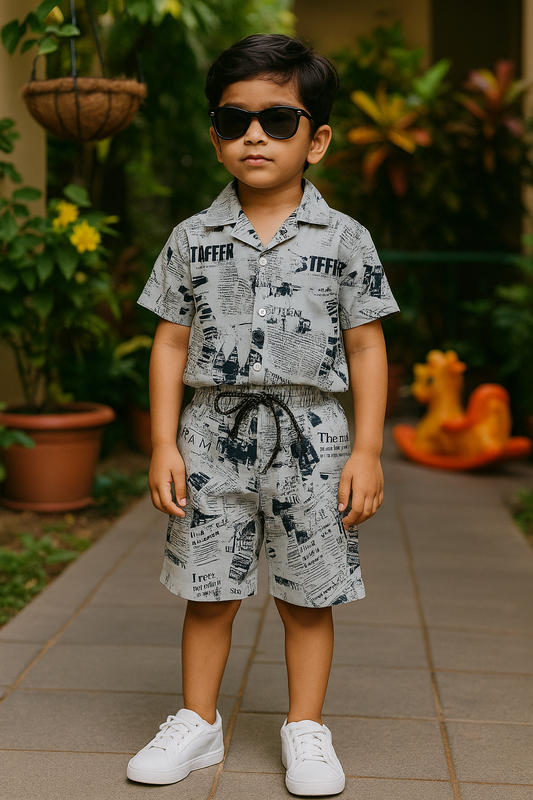 Boys' Newspaper Print Summer Co-Ord Set – Stylish Shirt & Shorts | Cavallo & Co.
