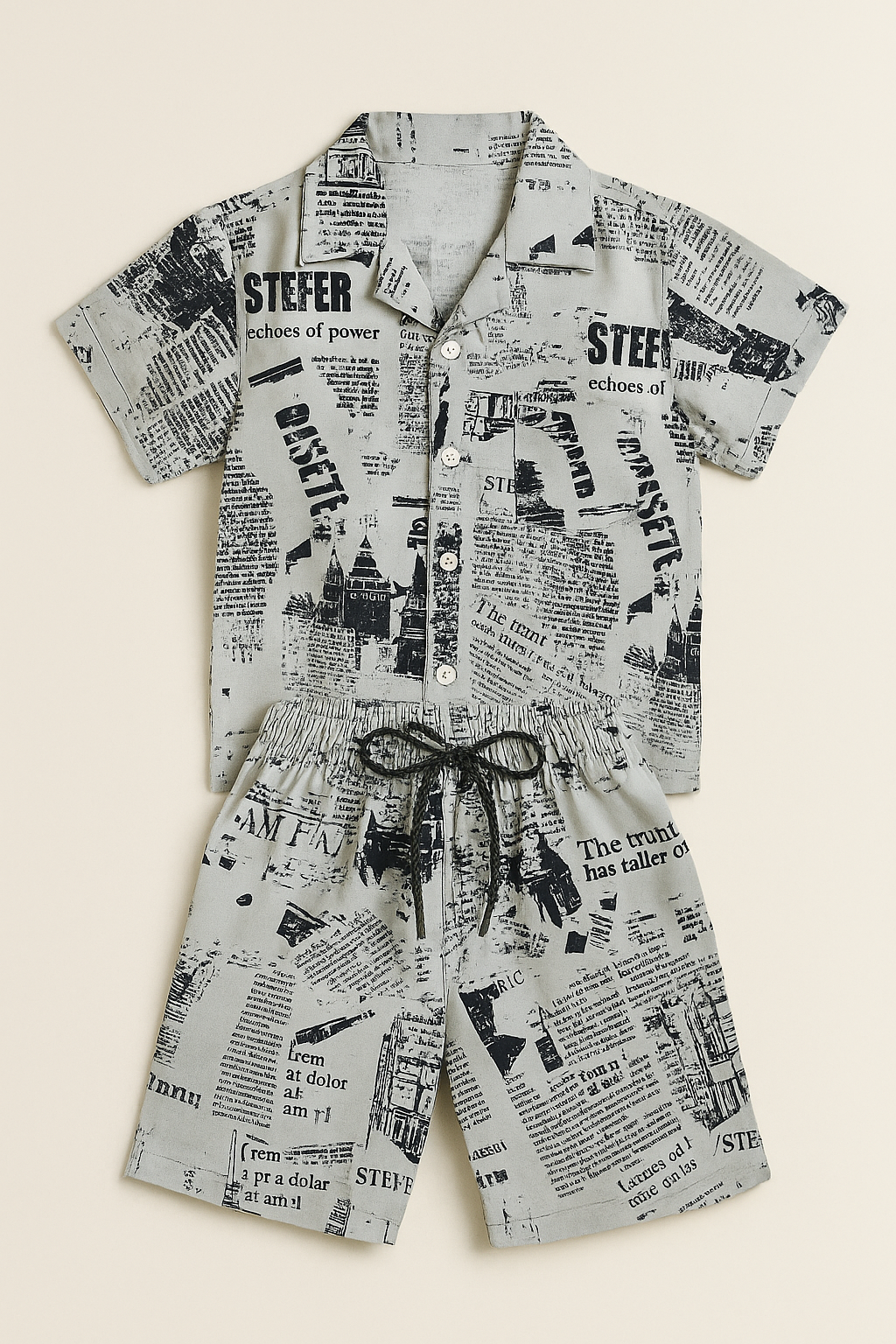 Boys' Newspaper Print Summer Co-Ord Set – Stylish Shirt & Shorts | Cavallo & Co.